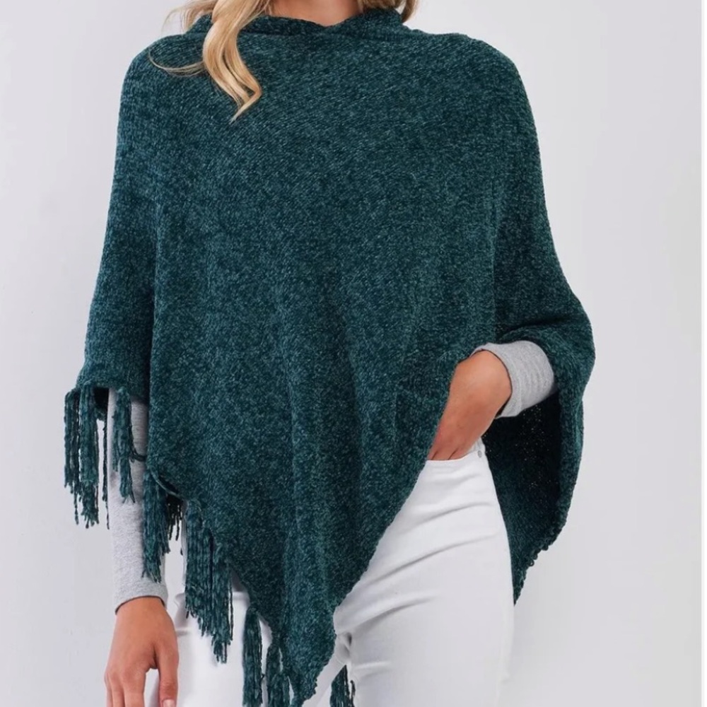 Chenille Knit Tassel Hooded Poncho NWT